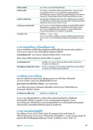 เฝ้าติดตามศิลปิน แตะ Follow บนหน้าโปรไฟล์ของศิลปินนั้น
เฝ้าติดตามเพื่อน แตะ People แล้วป้อนชื่อของเพื่อนของคุณในช่องค้นหา แล้วแตะ Follow
หากคุณเฝ้าติดตามใครๆ พวกเขาจะไม่เฝ้าติดตามคุณโดยอัตโนมัติ
ในโปรไฟล์ของคุณ คุณสามารถเลือกที่จะอนุญาตหรือปฏิเสธคำขอเฝ้าติดตาม
ในแต่ละครั้ง หรือยอมรับผู้ขอเฝ้าติดตามใหม่ทั้งหมดโดยไม่ต้องตรวจสอบ
แบ่งปันความคิดของคุณ ขณะที่คุณเลือกหาอัลบั้มและเพลง ให้แตะ Post เพื่อติชมท่อนเพลง หรือแตะ
Likeเพียงเพื่อบอกว่าคุณชอบเพื่อนๆของคุณจะเห็นความคิดของคุณในเนื้อหา
สรุปเกี่ยวกับ Activity ของ Ping ใน iTunes
แบ่งปันแผนการของคอนเสิร์ต แตะ Concerts บนหน้าโปรไฟล์ของคุณเพื่อดูการแสดงที่จะจัดขึ้นของศิลปิน
ที่คุณเฝ้าติดตาม และเพื่อดูว่าเพื่อนๆ ของคุณใครบ้างที่จะไปชมการแสดง
แตะ Tickets เพื่อซื้อตั๋วของคุณเอง หรือแตะ I’m Going เพื่อให้คนอื่นๆ
รู้ว่าคุณจะไปด้วยเหมือนกัน (อาจไม่มีบริการในทุกพื้นที่)
การแจ้งของ Ping ไปที่ตั้งค่า  การแจ้ง  Ping
Ping สามารถส่งข้อความเพื่อเตือน เล่นเสียง หรือเพิ่มป้ายเตือนไปยังไอคอน
แอปฯ iTunes บน iPad เมื่อใครสักคนเริ่มติดตามคุณหรือติชมกิจกรรมของ
คุณ
การถ่ายทอดหรือดาวน์โหลดพ็อดคาสท์
คุณสามารถฟังพ็อดคาสท์ที่เป็นเสียงหรือดูพ็อดคาสท์ที่เป็นวิดีโอ ซึ่งถ่ายทอดผ่านอินเทอร์เน็ตจาก
iTunes Store คุณสามารถดาวน์โหลดพ็อดคาสท์เสียงและวิดีโอได้
ถ่ายทอดพ็อดคาสท์:  แตะ Podcast เพื่อเลือกหาพ็อดคาสท์ใน iTunes Store
พ็อดคาสท์แบบวิดีโอจะมีเครื่องหมายไอคอนวิดีโอ ปรากฏอยู่
ดาวน์โหลดพ็อดคาสท์ แตะที่ปุ่ม Free แล้วแตะ Download พ็อดคาสท์ที่ดาวน์โหลดแล้วจะ
ปรากฏในรายการพ็อดคาสท์
ฟังหรือดูพ็อดคาสท์ที่คุณได้ดาวน์โหลด ใน Music แตะพ็อดคาสท์ แล้วแตะพ็อดคาสท์นั้น พ็อดคาสท์แบบวิดีโอจะ
ปรากฏในรายการวิดีโอของคุณด้วยเหมือนกัน
การเช็คสถานะดาวน์โหลด
คุณสามารถเช็คหน้าจอ Downloads เพื่อดูสถานะของรายการที่กำลังดาวน์โหลดหรือ
รอเวลาดาวน์โหลด รวมถึงรายการซึ้อที่คุณสั่งซื้อไว้ล่วงหน้า
ดูสถานะของรายการที่กำลังดาวน์โหลด:  แตะ Downloads
รายการซื้อล่วงหน้าจะถูกดาวน์โหลดอย่างอัตโนมัติหากถึงวันจำหน่าย ให้กลับไปที่หน้าจอ
Downloads เพื่อเริ่มดาวน์โหลด
ดาวน์โหลดรายการซื้อล่วงหน้า แตะที่รายการ จากนั้นแตะ
ถ้ารายการดาวน์โหลดเกิดขัดจังหวะ เครื่องจะเริ่มดาวน์โหลดในครั้งต่อไปหากได้เชื่อมต่อ
กับอินเทอร์เน็ต หรือไม่ก็ หากคุณเปิด iTunes บนเครื่องคอมพิวเตอร์ของคุณ iTunes
จะดาวน์โหลดแอปฯ นั้นไปยังคลัง iTunes ของคุณต่อให้เสร็จ (หากเครื่องคอมพิวเตอร์ของคุณต่อ
กับอินเทอร์เน็ต และได้ลงชื่อเข้าใช้โดยใช้ Apple ID อันเดียวกัน)
การดูรายละเอียดบัญชีผู้ใช้
ในการดูข้อมูล iTunes Store สำหรับ Apple ID ของคุณบน iPad แตะที่ Apple ID
(ที่ด้านล่างของหน้าจอ iTunes Store เป็นส่วนใหญ่) หรือไปที่ตั้งค่า  Store และแตะดู Apple ID
คุณต้องลงชื่อเข้าใช้เพื่อดูข้อมูลบัญชีของคุณ โปรดดู “ค่าติดตั้งของ Store” ที่หน้า 92
89บทที่ 19    iTunes Store
 