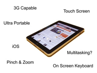 3G CapableTouch ScreenUltra PortableiOSMultitasking?Pinch & ZoomOn Screen Keyboard