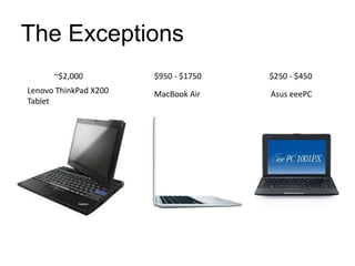 The Exceptions<br />~$2,000<br />$950 - $1750<br />$250 - $450<br />Lenovo ThinkPad X200 Tablet<br />MacBook Air<br />Asus...
