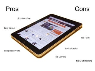 Pros<br />Cons<br />Ultra-Portable<br />Easy to use<br />No Flash<br />Lack of ports<br />Long battery life<br />No Camera...