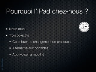 Pourquoi l’iPad chez-nous ?

                          Notre milieu
                          Trois objectifs
                            Contribuer au changement de pratiques
                            Alternative aux portables
                            Apprivoiser la mobilité
2012 - Sébastien Stasse
 