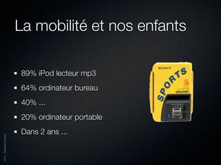 La mobilité et nos enfants

                          89% iPod lecteur mp3
                          64% ordinateur bureau
                          40% ...
                          20% ordinateur portable
                          Dans 2 ans ...
2012 - Sébastien Stasse
 