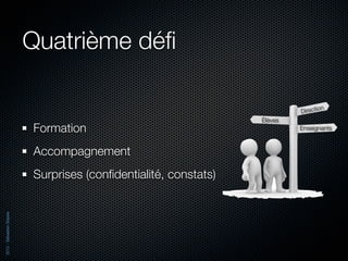 Quatrième déﬁ

                                                                                  n
                                                                          Directio
                                                                 Élèves
                          Formation                                       Enseignants



                          Accompagnement
                          Surprises (conﬁdentialité, constats)
2012 - Sébastien Stasse
 