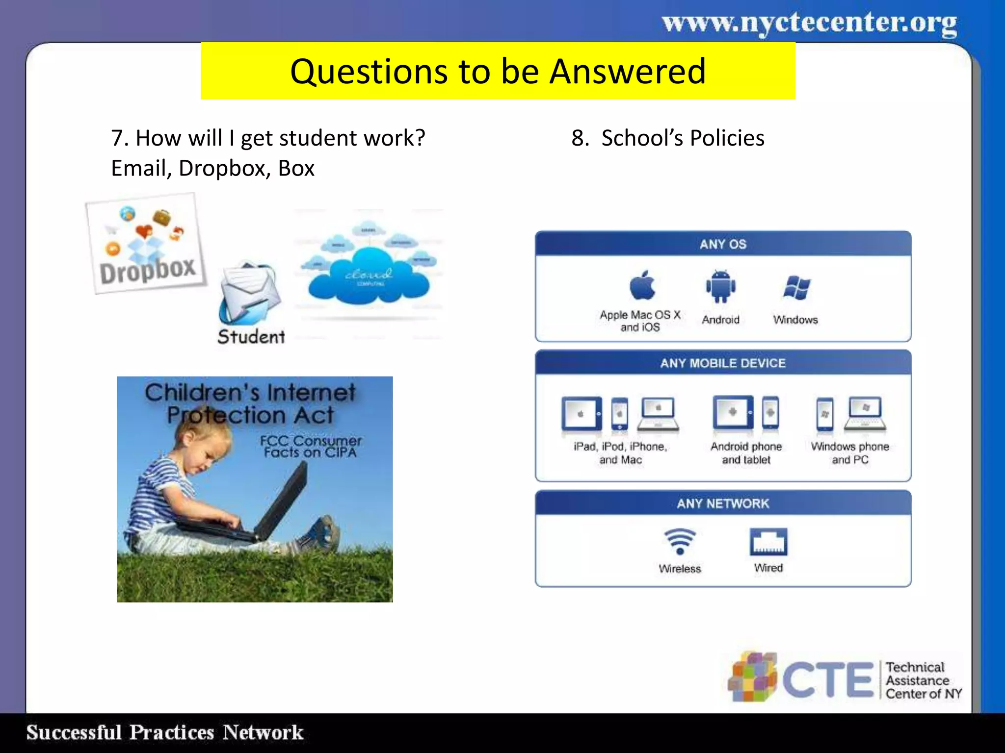 Questions to be Answered
7. How will I get student work?   8. School’s Policies
Email, Dropbox, Box
 