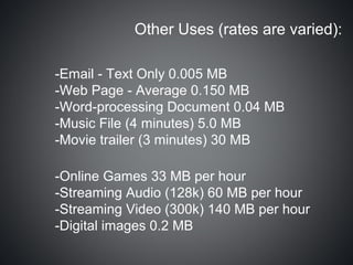 Other Uses (rates are varied):

-Email - Text Only 0.005 MB
-Web Page - Average 0.150 MB
-Word-processing Document 0.04 MB
-Music File (4 minutes) 5.0 MB
-Movie trailer (3 minutes) 30 MB

-Online Games 33 MB per hour
-Streaming Audio (128k) 60 MB per hour
-Streaming Video (300k) 140 MB per hour
-Digital images 0.2 MB
 