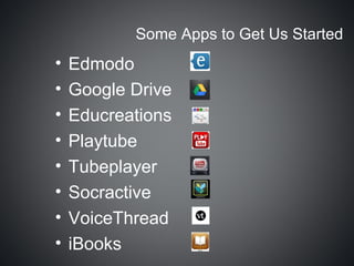 Some Apps to Get Us Started
•   Edmodo
•   Google Drive
•   Educreations
•   Playtube
•   Tubeplayer
•   Socractive
•   VoiceThread
•   iBooks
 