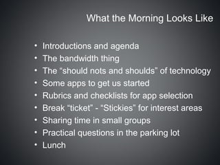 What the Morning Looks Like

•   Introductions and agenda
•   The bandwidth thing
•   The “should nots and shoulds” of technology
•   Some apps to get us started
•   Rubrics and checklists for app selection
•   Break “ticket” - “Stickies” for interest areas
•   Sharing time in small groups
•   Practical questions in the parking lot
•   Lunch
 