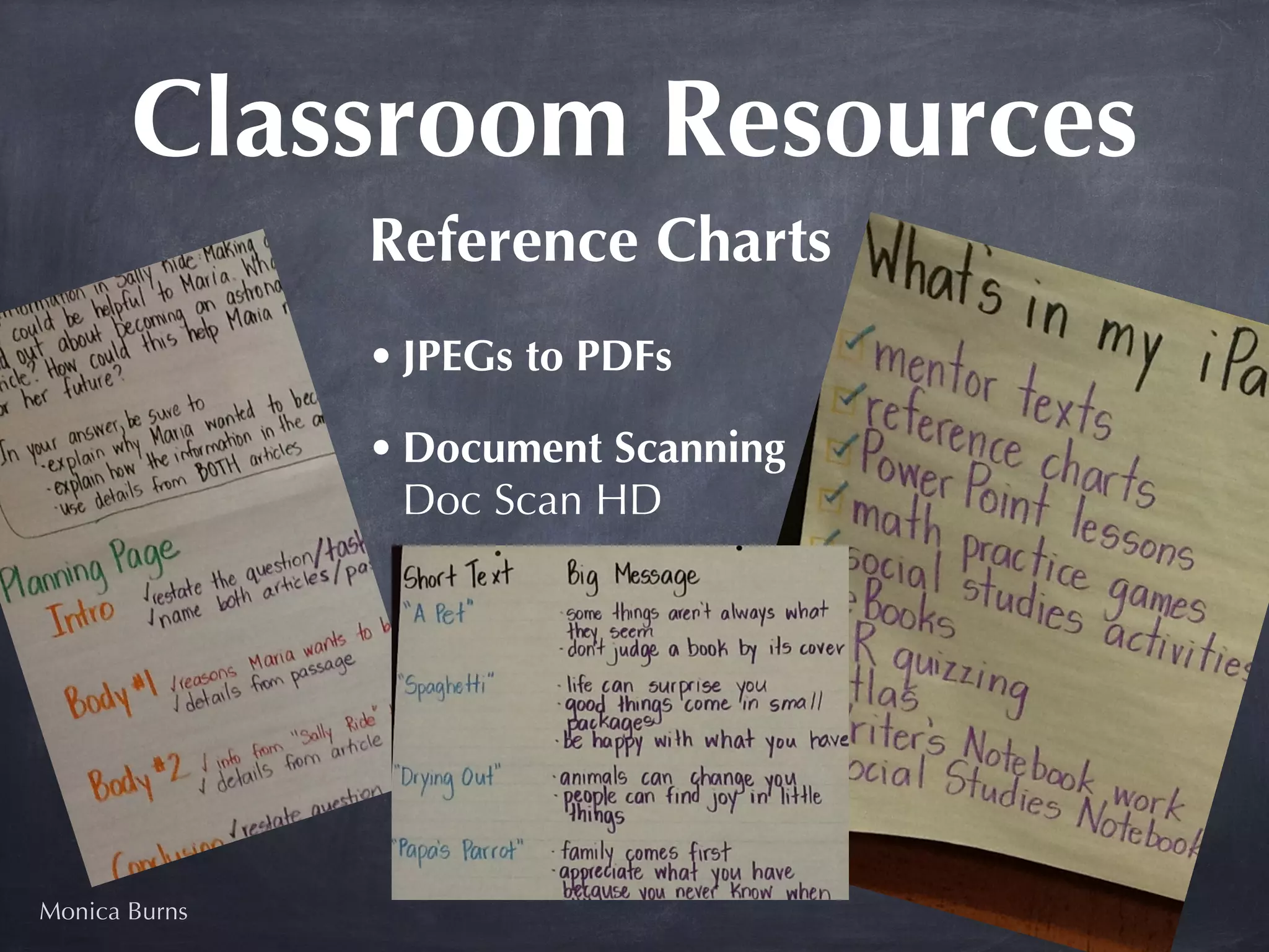 Classroom Resources
               Reference Charts
               • JPEGs to PDFs

               • Document Scanning
                 Doc Scan HD




Monica Burns
 