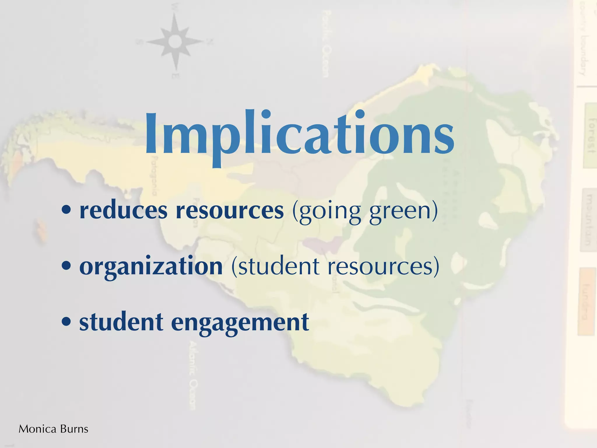 Implications
      • reduces resources (going green)

      • organization (student resources)

      • student engagement


Monica Burns
 