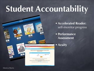 Student Accountability
                • Accelerated Reader:
                  self-monitor progress

                • Performance
                  Assessment

                • Acuity




Monica Burns
 