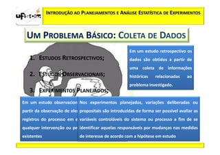 INTRODUÇÃO AO PLANEJAMENTOS E ANÁLISE ESTATÍSTICA DE EXPERIMENTOS



  UM PROBLEMA BÁSICO: COLETA DE DADOS
                                                      Em um estudo retrospectivo os
   1. ESTUDOS RETROSPECTIVOS;                         dados são obtidos a partir de
                                                      uma coleta de informações
   2. ESTUDOS OBSERVACIONAIS;                         históricas   relacionadas    ao
                                                      problema investigado.
   3. EXPERIMENTOS PLANEJADOS;
Em um estudo observacional, dados são obtidos a
                         Nos experimentos planejados, variações deliberadas ou
partir da observação de elementos da população ou
                            propositais são introduzidas de forma ser possível avaliar as
registros do processo em estudo, sem, no entanto sistema ou processo a fim de se
                           variáveis controláveis do
qualquer intervenção ou perturbação das condições
                           identificar aquelas responsáveis por mudanças nas medidas
existentes                   de interesse de acordo com a hipótese em estudo
 