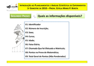 INTRODUÇÃO AO PLANEJAMENTOS E ANÁLISE ESTATÍSTICA DE EXPERIMENTOS
             1º SEMESTRE DE 2010 – PROFA. ESTELA MARIS P. BERETA


SEGUNDO PASSO:           Quais as informações disponíveis?

           V1: Identificador
           V2: Número de Inscrição;
           V3: Sexo;
           V4: Curso;
           V5: Idade;
           V6: Faixa Etária;
           V7: Chamada Que foi Efetuada a Matricula;
           V8: Pontos na Prova de Matemática;
           V9: Total Geral de Pontos (Não Ponderados)
 