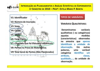 INTRODUÇÃO AO PLANEJAMENTOS E ANÁLISE ESTATÍSTICA DE EXPERIMENTOS
                    1º SEMESTRE DE 2010 – PROFa. ESTELA MARIS P. BERETA


V1: Identificador                                 TIPOS DE VARIÁVEIS:
                                                           VARIÁVEIS:
V2: Número de Inscrição;
                                                  VARIÁVEIS QUALITATIVAS:
V3: Sexo;
V4: Curso;                                         Denominamos         variáveis
                                                  qualitativas ( ou categóricas)
V5: Idade;                                        aquelas              medidas
V6: Faixa Etária;                                 (características) observadas
                                                  na amostra que apenas
V7: Chamada Que foi Efetuada a Matricula;         identificam a unidade de
V8: Pontos na Prova de Matemática;                observação.      Em    outras
                                                  palavras,     uma     variável
V9: Total Geral de Pontos (Não Ponderados)        categórica identifica um
                                                  atributo,              classe,
                                                  qualidade,..., da unidade de
                                                  observação.
 