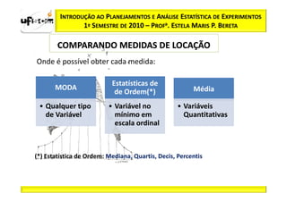 INTRODUÇÃO AO PLANEJAMENTOS E ANÁLISE ESTATÍSTICA DE EXPERIMENTOS
                1º SEMESTRE DE 2010 – PROFa. ESTELA MARIS P. BERETA

        COMPARANDO MEDIDAS DE LOCAÇÃO
Onde é possível obter cada medida:

                           Estatísticas de
       MODA                                             Média
                            de Ordem(*)
 • Qualquer tipo          • Variável no            • Variáveis
   de Variável              mínimo em                Quantitativas
                            escala ordinal



(*) Estatística de Ordem: Mediana, Quartis, Decis, Percentis
 