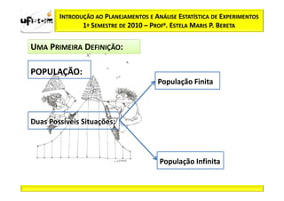 INTRODUÇÃO AO PLANEJAMENTOS E ANÁLISE ESTATÍSTICA DE EXPERIMENTOS
               1º SEMESTRE DE 2010 – PROFa. ESTELA MARIS P. BERETA

UMA PRIMEIRA DEFINIÇÃO:

POPULAÇÃO:
                                        População Finita



Duas Possíveis Situações:



                                        População Infinita
 