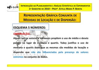 INTRODUÇÃO AO PLANEJAMENTOS E ANÁLISE ESTATÍSTICA DE EXPERIMENTOS
             1º SEMESTRE DE 2010 – PROFa. ESTELA MARIS P. BERETA

        REPRESENTAÇÃO GRÁFICA CONJUNTA DE
        MEDIDAS DE LOCAÇÃO E DE DISPERSÃO:

ESQUEMA 5 NÚMEROS:
          NÚMEROS:
OBSERVAÇÃO:
OBSERVAÇÃO:
Alguns outros autores e softwares propõem o uso de média e desvio
padrão no lugar de mediana e quartis. Tukey justifica o uso de
mediana e quartis dado que as mesmas são medidas de locação e
dispersão que não são influenciadas pela presença de valores
extremos no conjunto de dados.
 