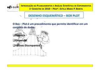 INTRODUÇÃO AO PLANEJAMENTOS E ANÁLISE ESTATÍSTICA DE EXPERIMENTOS
             1º SEMESTRE DE 2010 – PROFa. ESTELA MARIS P. BERETA

              DESENHO ESQUEMÁTICO – BOX PLOT

O Box – Plot é um procedimento que permite identificar em um
conjunto de dados:

  Simetria
  Dispersão
  Valores Discrepantes
 
