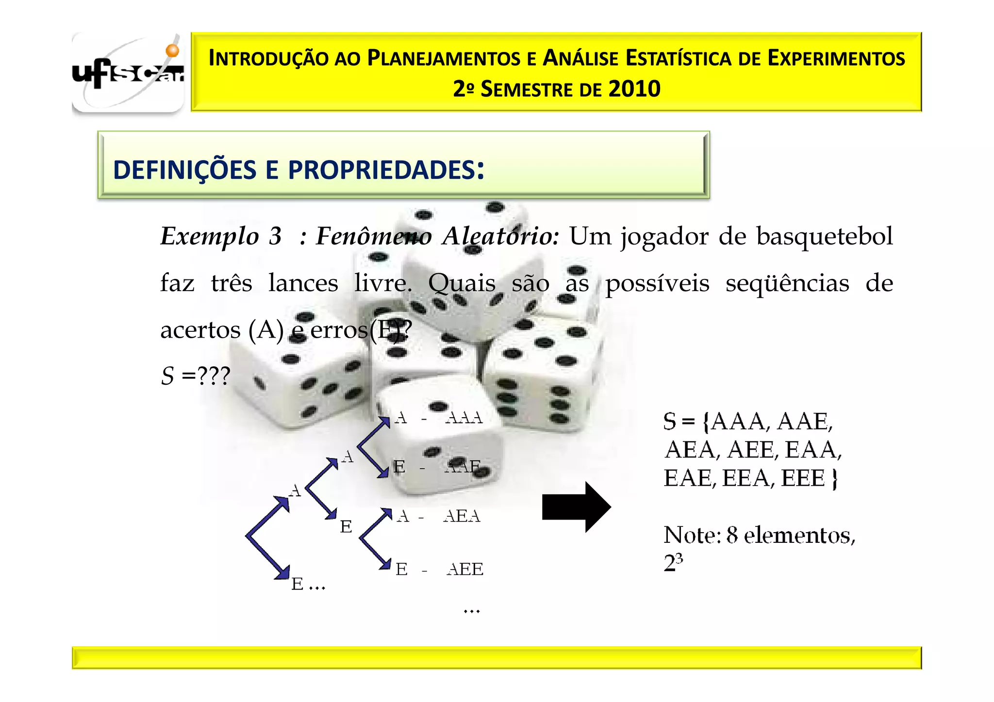 INTRODUÇÃO AO PLANEJAMENTOS E ANÁLISE ESTATÍSTICA DE EXPERIMENTOS
                            2º SEMESTRE DE 2010


DEFINIÇÕES E PROPRIEDADES:

   Exemplo 3 : Fenômeno Aleatório: Um jogador de basquetebol
   faz três lances livre. Quais são as possíveis seqüências de
   acertos (A) e erros(E)?
   S =???
 