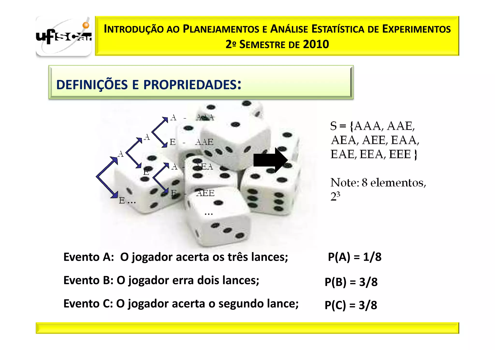 INTRODUÇÃO AO PLANEJAMENTOS E ANÁLISE ESTATÍSTICA DE EXPERIMENTOS
                             2º SEMESTRE DE 2010


DEFINIÇÕES E PROPRIEDADES:




 Evento A: O jogador acerta os três lances;      P(A) = 1/8
 Evento B: O jogador erra dois lances;           P(B) = 3/8
 Evento C: O jogador acerta o segundo lance;     P(C) = 3/8
 