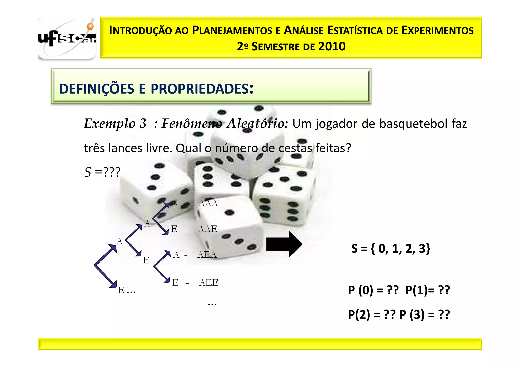 INTRODUÇÃO AO PLANEJAMENTOS E ANÁLISE ESTATÍSTICA DE EXPERIMENTOS
                            2º SEMESTRE DE 2010


DEFINIÇÕES E PROPRIEDADES:

   Exemplo 3 : Fenômeno Aleatório: Um jogador de basquetebol faz
   três lances livre. Qual o número de cestas feitas?
   S =???




                                                    S = { 0, 1, 2, 3}


                                                    P (0) = ?? P(1)= ??
                                                    P(2) = ?? P (3) = ??
 