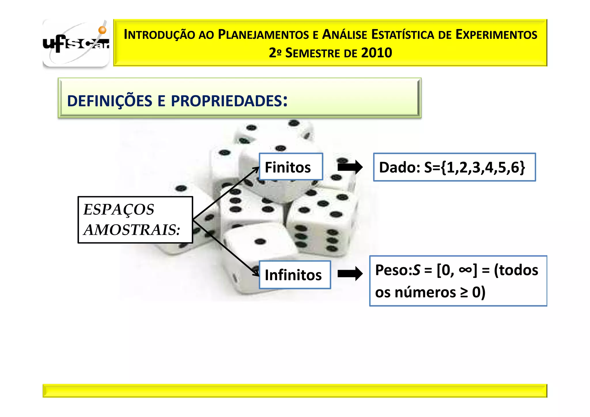 INTRODUÇÃO AO PLANEJAMENTOS E ANÁLISE ESTATÍSTICA DE EXPERIMENTOS
                           2º SEMESTRE DE 2010


DEFINIÇÕES E PROPRIEDADES:


                            Finitos           Dado: S={1,2,3,4,5,6}

 ESPAÇOS
 AMOSTRAIS:

                            Infinitos        Peso:S = [0, ∞] = (todos
                                             os números ≥ 0)
 