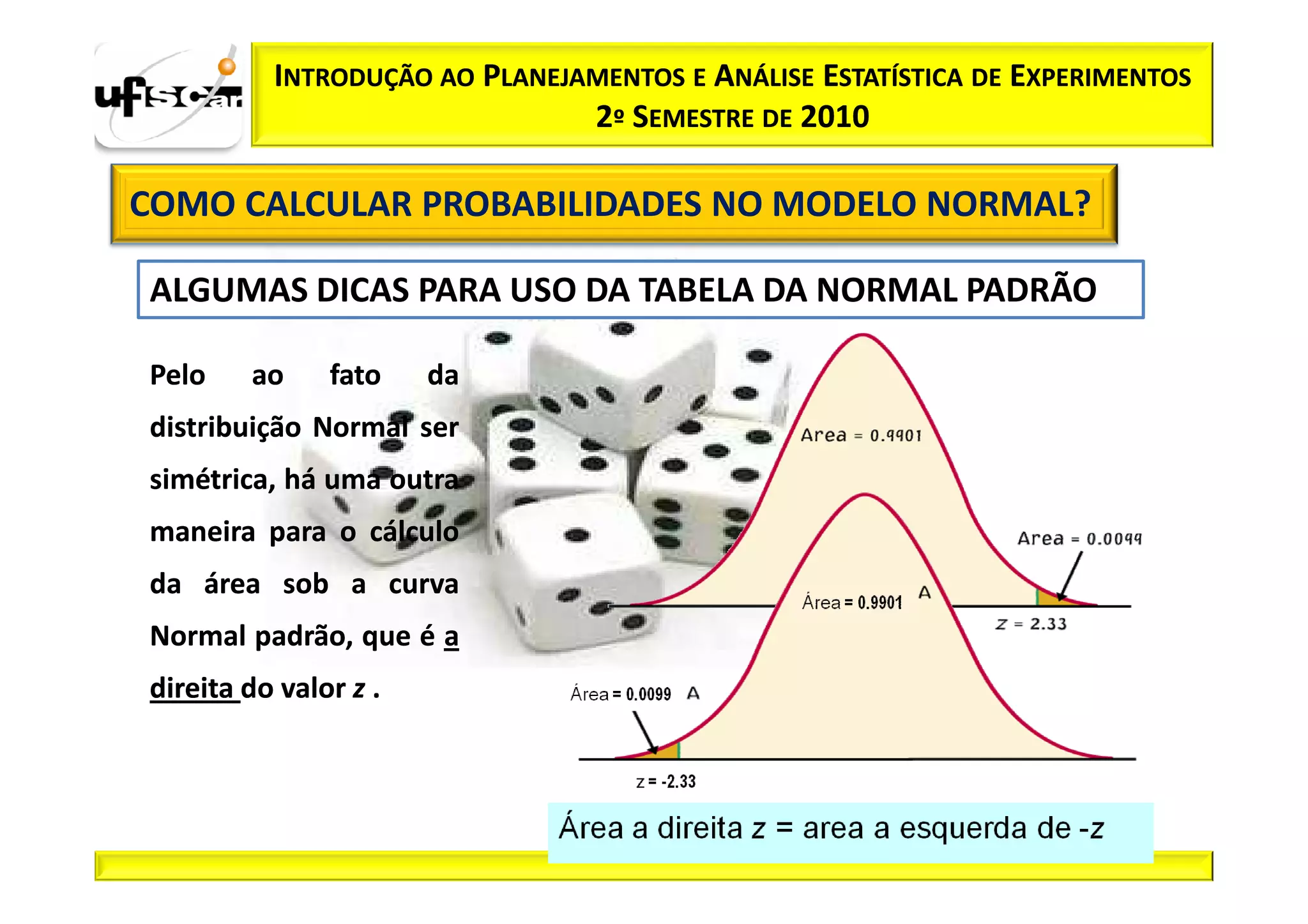 INTRODUÇÃO AO PLANEJAMENTOS E ANÁLISE ESTATÍSTICA DE EXPERIMENTOS
                               2º SEMESTRE DE 2010

COMO CALCULAR PROBABILIDADES NO MODELO NORMAL?

ALGUMAS DICAS PARA USO DA TABELA DA NORMAL PADRÃO

Pelo    ao     fato    da
distribuição Normal ser
simétrica, há uma outra
maneira para o cálculo
da área sob a curva
Normal padrão, que é a
direita do valor z .
 
