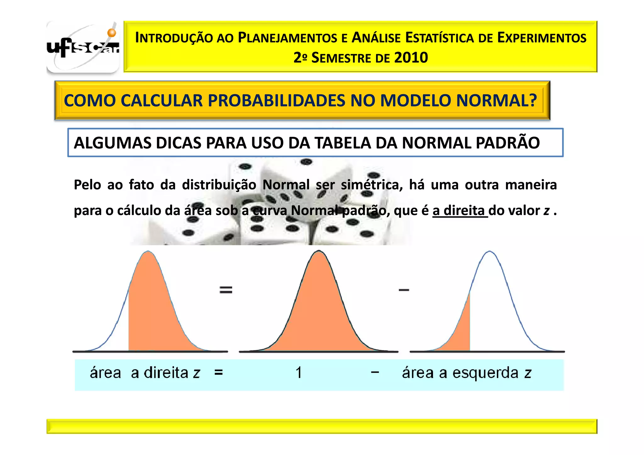 INTRODUÇÃO AO PLANEJAMENTOS E ANÁLISE ESTATÍSTICA DE EXPERIMENTOS
                              2º SEMESTRE DE 2010

COMO CALCULAR PROBABILIDADES NO MODELO NORMAL?

ALGUMAS DICAS PARA USO DA TABELA DA NORMAL PADRÃO

Pelo ao fato da distribuição Normal ser simétrica, há uma outra maneira
para o cálculo da área sob a curva Normal padrão, que é a direita do valor z .
 