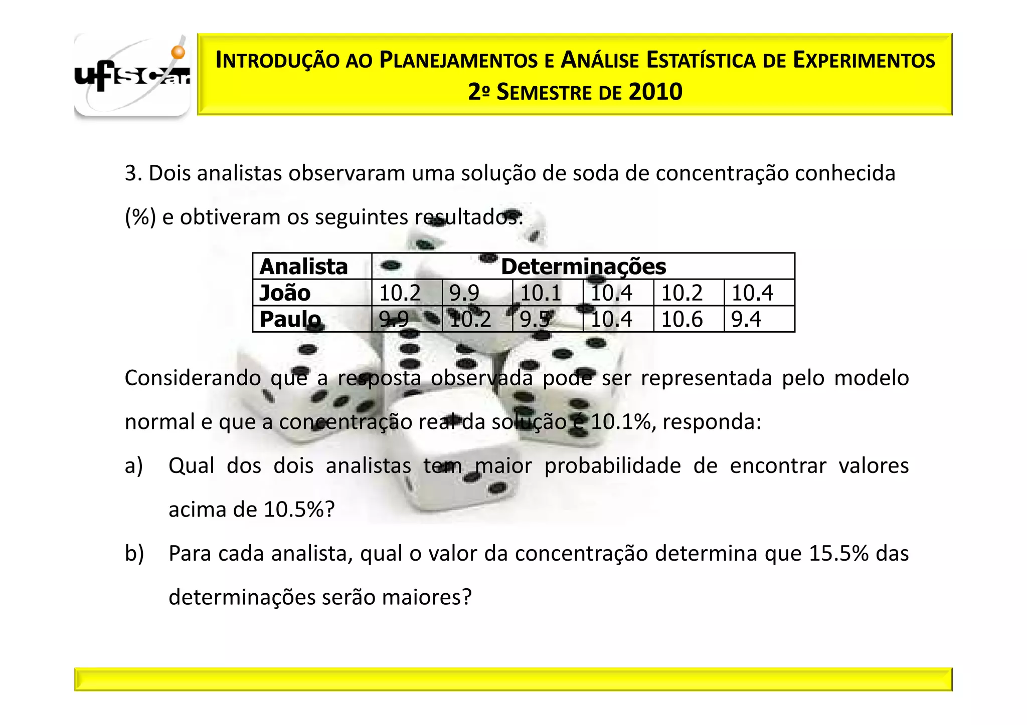 INTRODUÇÃO AO PLANEJAMENTOS E ANÁLISE ESTATÍSTICA DE EXPERIMENTOS
                              2º SEMESTRE DE 2010


3. Dois analistas observaram uma solução de soda de concentração conhecida
(%) e obtiveram os seguintes resultados:

             Analista               Determinações
             João        10.2   9.9  10.1 10.4 10.2       10.4
             Paulo       9.9    10.2 9.5   10.4 10.6      9.4

Considerando que a resposta observada pode ser representada pelo modelo
normal e que a concentração real da solução é 10.1%, responda:
a)   Qual dos dois analistas tem maior probabilidade de encontrar valores
     acima de 10.5%?
b) Para cada analista, qual o valor da concentração determina que 15.5% das
     determinações serão maiores?
 