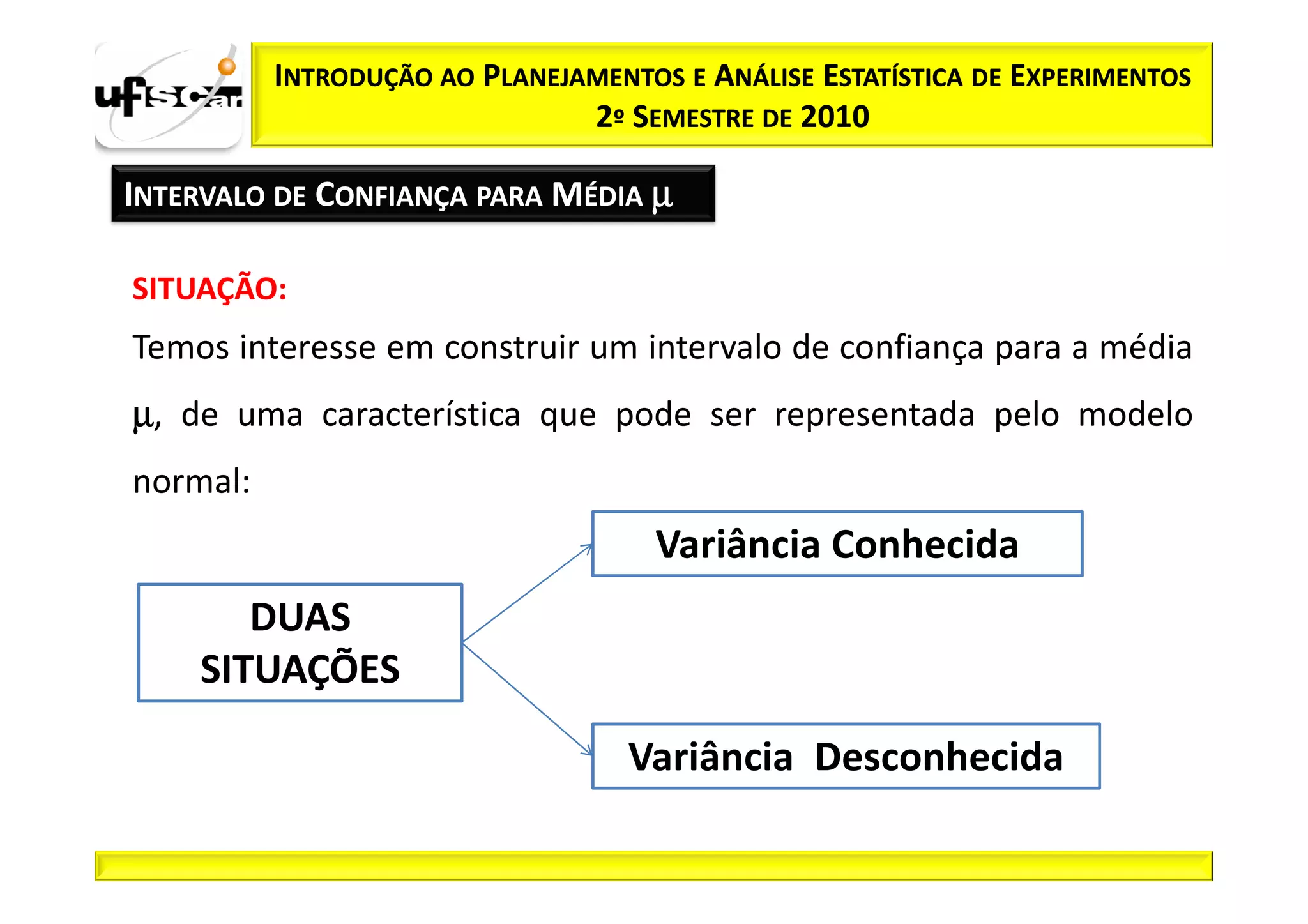 INTRODUÇÃO AO PLANEJAMENTOS E ANÁLISE ESTATÍSTICA DE EXPERIMENTOS
                               2º SEMESTRE DE 2010

INTERVALO DE CONFIANÇA PARA MÉDIA µ

SITUAÇÃO:
Temos interesse em construir um intervalo de confiança para a média
µ, de uma característica que pode ser representada pelo modelo
normal:
                                     Variância Conhecida
       DUAS
    SITUAÇÕES

                                   Variância Desconhecida
 