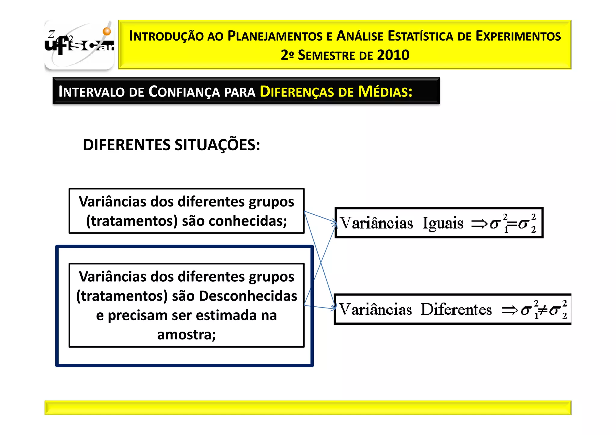 zα / 2          INTRODUÇÃO AO PLANEJAMENTOS E ANÁLISE ESTATÍSTICA DE EXPERIMENTOS
                                     2º SEMESTRE DE 2010

  INTERVALO DE CONFIANÇA PARA DIFERENÇAS DE MÉDIAS:


          DIFERENTES SITUAÇÕES:


         Variâncias dos diferentes grupos
          (tratamentos) são conhecidas;


          Variâncias dos diferentes grupos
         (tratamentos) são Desconhecidas
             e precisam ser estimada na
                      amostra;
 