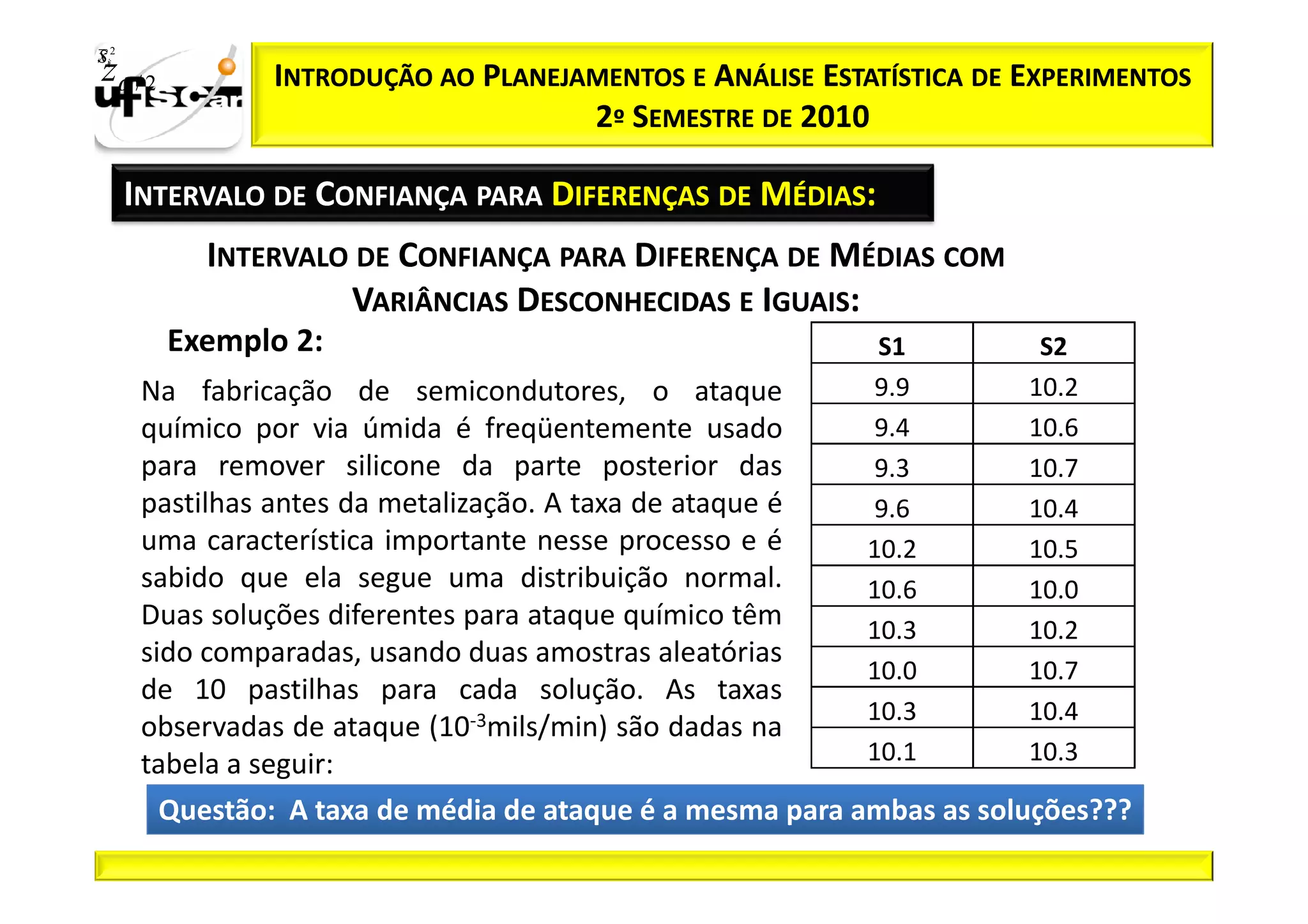 Sii2
x
 zα / 2          INTRODUÇÃO AO PLANEJAMENTOS E ANÁLISE ESTATÍSTICA DE EXPERIMENTOS
                                      2º SEMESTRE DE 2010

       INTERVALO DE CONFIANÇA PARA DIFERENÇAS DE MÉDIAS:
            INTERVALO DE CONFIANÇA PARA DIFERENÇA DE MÉDIAS COM
                     VARIÂNCIAS DESCONHECIDAS E IGUAIS:
          Exemplo 2:                                         S1          S2
        Na fabricação de semicondutores, o ataque           9.9         10.2
        químico por via úmida é freqüentemente usado        9.4         10.6
        para remover silicone da parte posterior das        9.3         10.7
        pastilhas antes da metalização. A taxa de ataque é  9.6         10.4
        uma característica importante nesse processo e é    10.2        10.5
        sabido que ela segue uma distribuição normal.       10.6        10.0
        Duas soluções diferentes para ataque químico têm    10.3        10.2
        sido comparadas, usando duas amostras aleatórias
                                                            10.0        10.7
        de 10 pastilhas para cada solução. As taxas
                                                            10.3        10.4
        observadas de ataque (10-3mils/min) são dadas na
        tabela a seguir:                                    10.1        10.3

          Questão: A taxa de média de ataque é a mesma para ambas as soluções???
 
