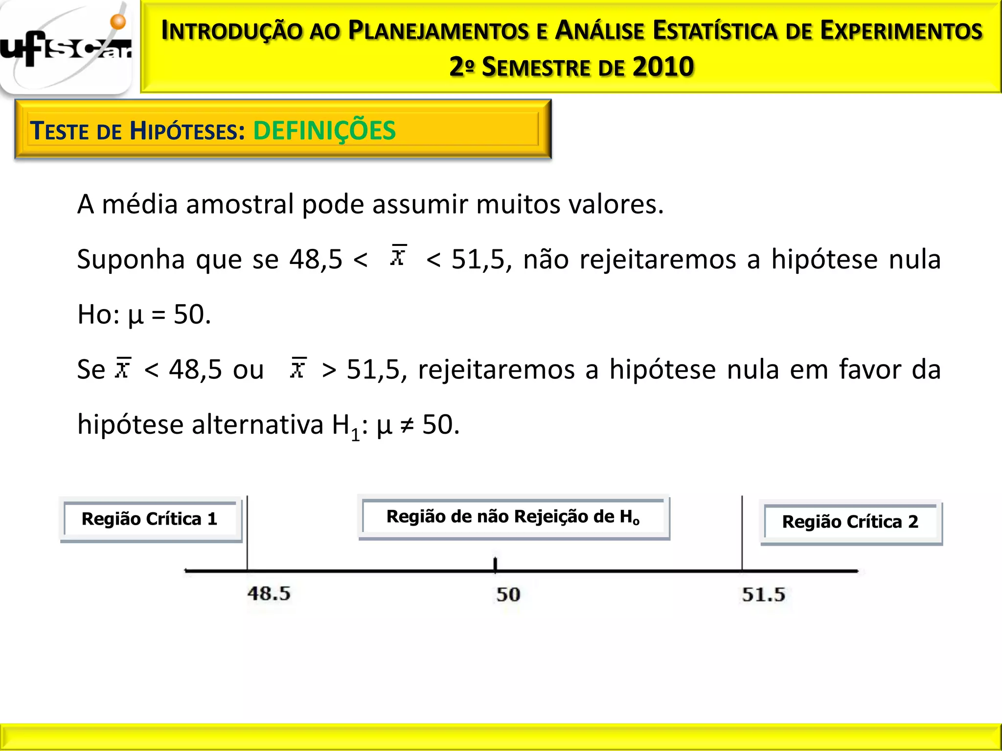 INTRODUÇÃO AO PLANEJAMENTOS E ANÁLISE ESTATÍSTICA DE EXPERIMENTOS
                                  2º SEMESTRE DE 2010

TESTE DE HIPÓTESES: DEFINIÇÕES

   A média amostral pode assumir muitos valores.
   Suponha que se 48,5 <          < 51,5, não rejeitaremos a hipótese nula
   Ho: µ = 50.
   Se      < 48,5 ou     > 51,5, rejeitaremos a hipótese nula em favor da
   hipótese alternativa H1: µ ≠ 50.

    Região Crítica 1          Região de não Rejeição de Ho    Região Crítica 2
 