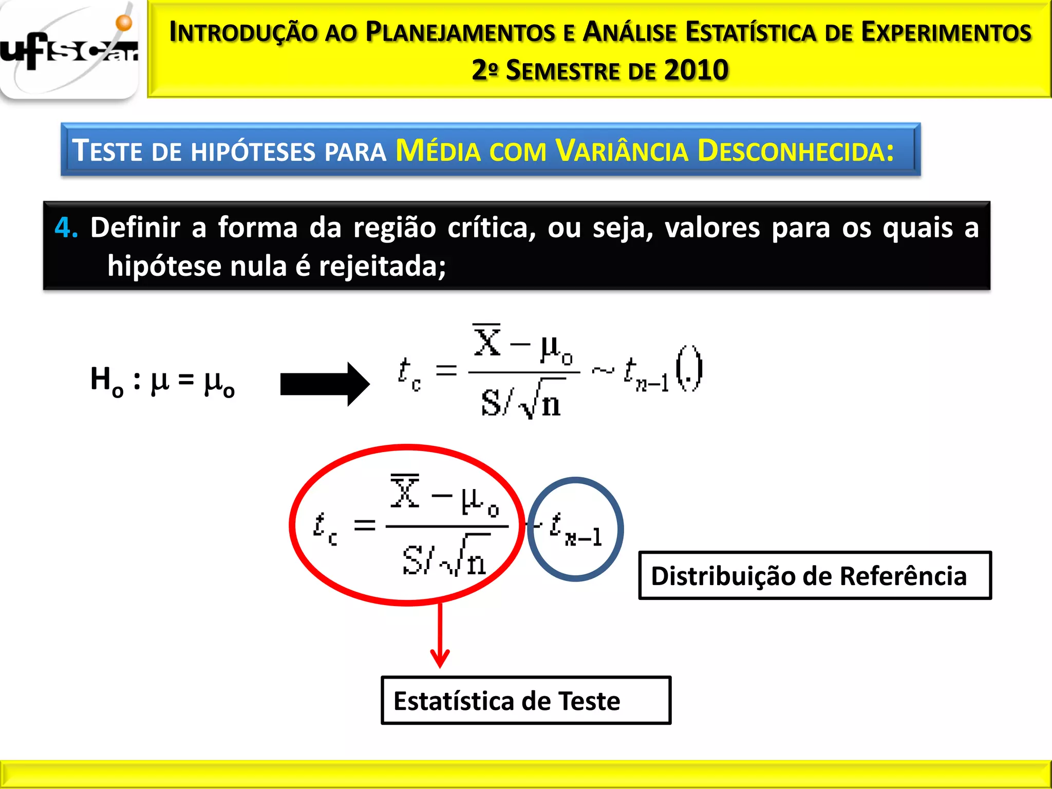 INTRODUÇÃO AO PLANEJAMENTOS E ANÁLISE ESTATÍSTICA DE EXPERIMENTOS
                              2º SEMESTRE DE 2010

 TESTE DE HIPÓTESES PARA MÉDIA COM VARIÂNCIA DESCONHECIDA:

4. Definir a forma da região crítica, ou seja, valores para os quais a
    hipótese nula é rejeitada;


  Ho :   =   o




                                                Distribuição de Referência



                         Estatística de Teste
 