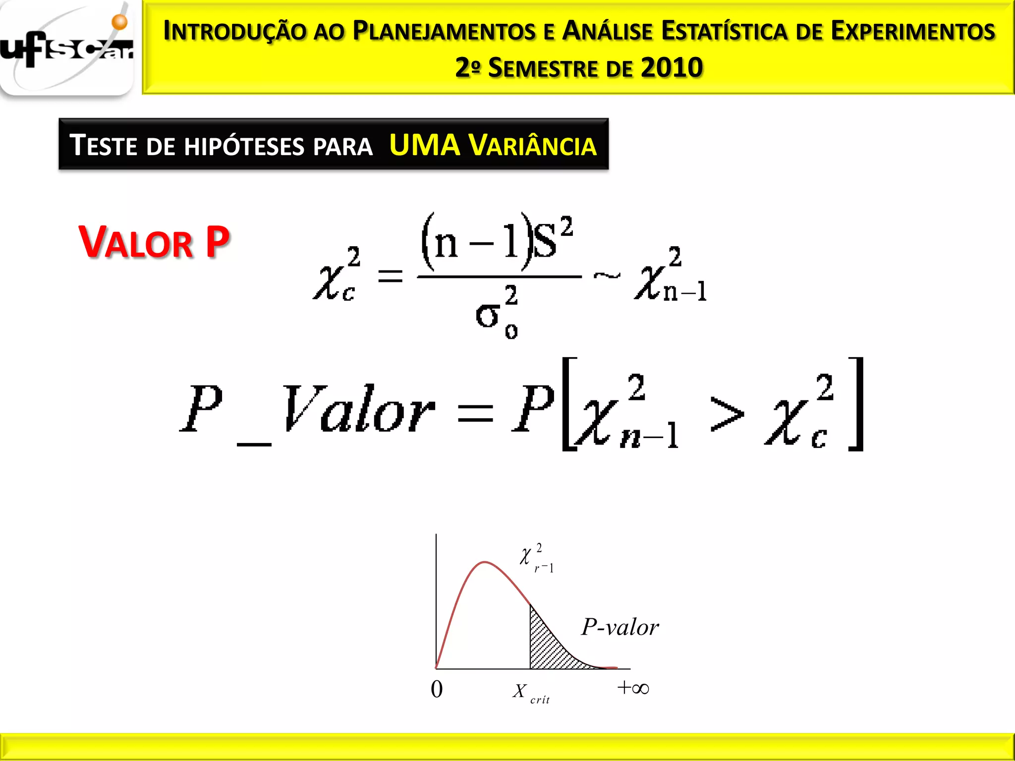 INTRODUÇÃO AO PLANEJAMENTOS E ANÁLISE ESTATÍSTICA DE EXPERIMENTOS
                           2º SEMESTRE DE 2010

TESTE DE HIPÓTESES PARA UMA VARIÂNCIA


VALOR P




                                      2
                                     r 1



                                            P-valor

                          0      X c r ít      +
 
