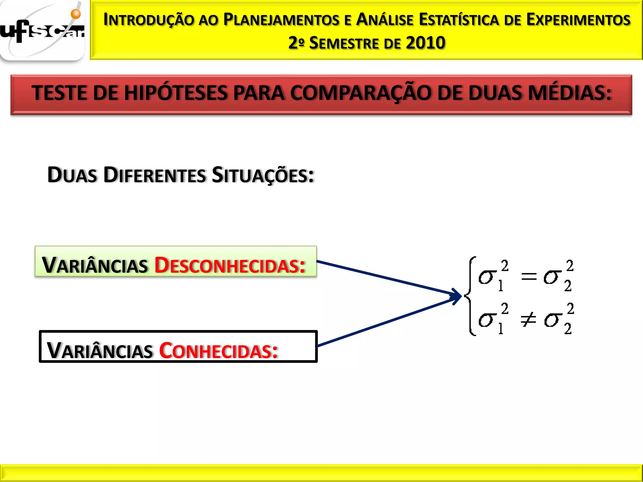 INTRODUÇÃO AO PLANEJAMENTOS E ANÁLISE ESTATÍSTICA DE EXPERIMENTOS
                           2º SEMESTRE DE 2010

TESTE DE HIPÓTESES PARA COMPARAÇÃO DE DUAS MÉDIAS:


 DUAS DIFERENTES SITUAÇÕES:


VARIÂNCIAS DESCONHECIDAS:


 VARIÂNCIAS CONHECIDAS:
 