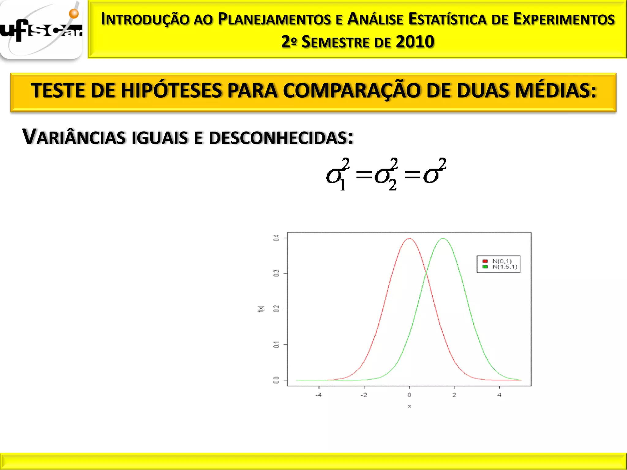 INTRODUÇÃO AO PLANEJAMENTOS E ANÁLISE ESTATÍSTICA DE EXPERIMENTOS
                             2º SEMESTRE DE 2010

TESTE DE HIPÓTESES PARA COMPARAÇÃO DE DUAS MÉDIAS:

VARIÂNCIAS IGUAIS E DESCONHECIDAS:
 