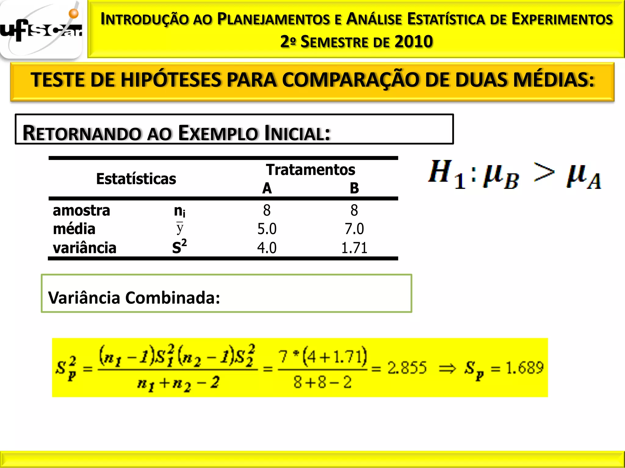 INTRODUÇÃO AO PLANEJAMENTOS E ANÁLISE ESTATÍSTICA DE EXPERIMENTOS
                              2º SEMESTRE DE 2010

TESTE DE HIPÓTESES PARA COMPARAÇÃO DE DUAS MÉDIAS:

RETORNANDO AO EXEMPLO INICIAL:
                             Tratamentos
         Estatísticas
                             A          B
   amostra          ni       8          8
   média            y       5.0        7.0
   variância        S2      4.0       1.71


  Variância Combinada:
 