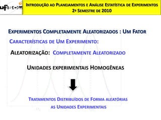 INTRODUÇÃO AO PLANEJAMENTOS E ANÁLISE ESTATÍSTICA DE EXPERIMENTOS
                           2º SEMESTRE DE 2010



EXPERIMENTOS COMPLETAMENTE ALEATORIZADOS : UM FATOR
CARACTERÍSTICAS DE UM EXPERIMENTO:
ALEATORIZAÇÃO: COMPLETAMENTE ALEATORIZADO

      UNIDADES EXPERIMENTAIS HOMOGÊNEAS



       TRATAMENTOS DISTRIBUÍDOS DE FORMA ALEATÓRIAS
                AS UNIDADES EXPERIMENTAIS
 