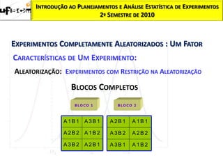 INTRODUÇÃO AO PLANEJAMENTOS E ANÁLISE ESTATÍSTICA DE EXPERIMENTOS
                           2º SEMESTRE DE 2010



EXPERIMENTOS COMPLETAMENTE ALEATORIZADOS : UM FATOR
CARACTERÍSTICAS DE UM EXPERIMENTO:
ALEATORIZAÇÃO: EXPERIMENTOS COM RESTRIÇÃO NA ALEATORIZAÇÃO
                  BLOCOS COMPLETOS
                   BLO CO 1        BLO CO 2



               A1B1 A3B1        A2B1     A1B1

               A2B2 A1B2        A3B2     A2B2

               A3B2 A2B1        A3B1     A1B2
 