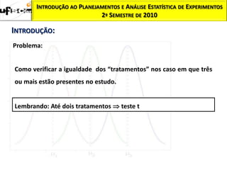 INTRODUÇÃO AO PLANEJAMENTOS E ANÁLISE ESTATÍSTICA DE EXPERIMENTOS
                            2º SEMESTRE DE 2010

INTRODUÇÃO:
Problema:


Como verificar a igualdade dos “tratamentos” nos caso em que três
ou mais estão presentes no estudo.


Lembrando: Até dois tratamentos  teste t
 