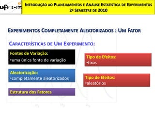 INTRODUÇÃO AO PLANEJAMENTOS E ANÁLISE ESTATÍSTICA DE EXPERIMENTOS
                            2º SEMESTRE DE 2010



EXPERIMENTOS COMPLETAMENTE ALEATORIZADOS : UM FATOR

CARACTERÍSTICAS DE UM EXPERIMENTO:
Fontes de Variação:
                                      Tipo de Efeitos:
•uma única fonte de variação
                                      •fixos

Aleatorização:
•completamente aleatorizados         Tipo de Efeitos:
                                     •aleatórios
Estrutura dos Fatores
 