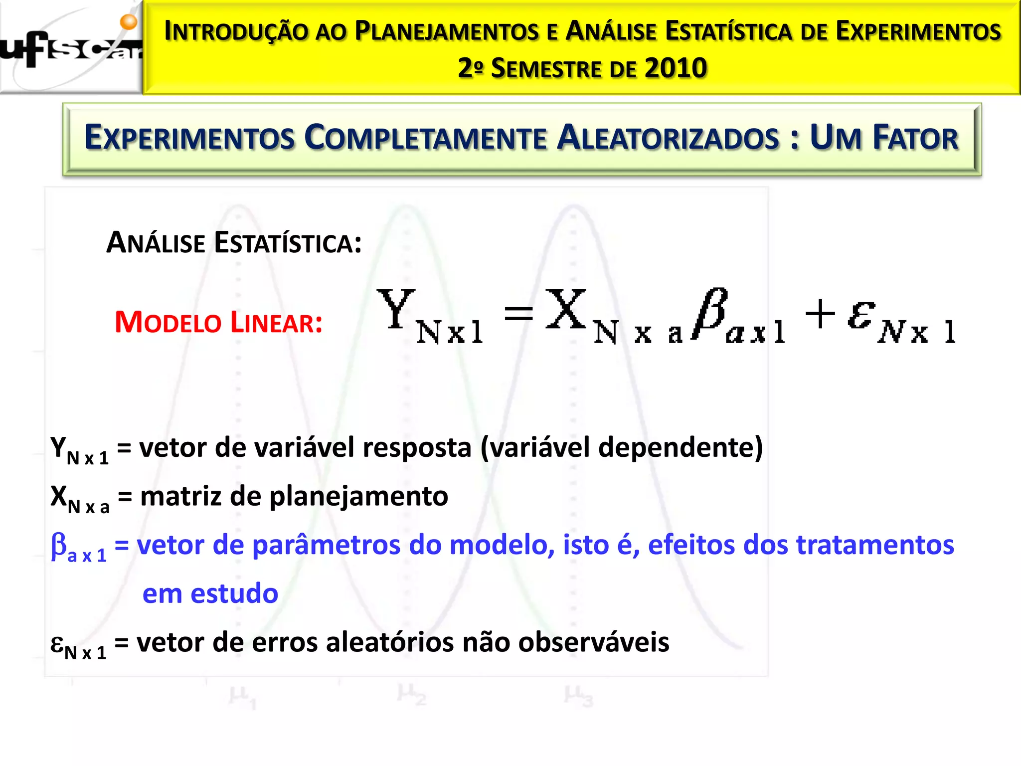 INTRODUÇÃO AO PLANEJAMENTOS E ANÁLISE ESTATÍSTICA DE EXPERIMENTOS
                              2º SEMESTRE DE 2010

  EXPERIMENTOS COMPLETAMENTE ALEATORIZADOS : UM FATOR

    ANÁLISE ESTATÍSTICA:

     MODELO LINEAR:


YN x 1 = vetor de variável resposta (variável dependente)
XN x a = matriz de planejamento
a x 1 = vetor de parâmetros do modelo, isto é, efeitos dos tratamentos
       em estudo
N x 1 = vetor de erros aleatórios não observáveis
 