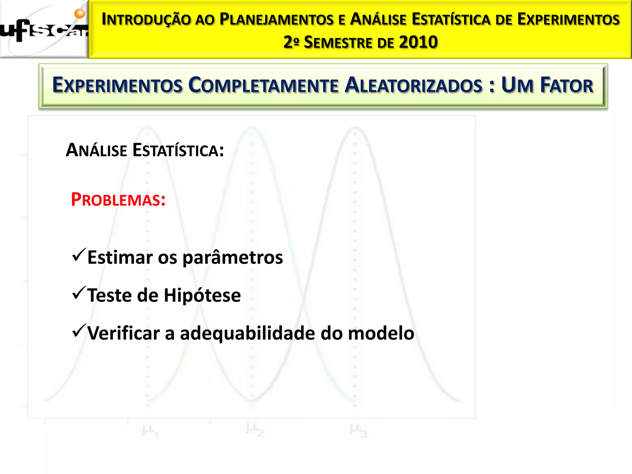 INTRODUÇÃO AO PLANEJAMENTOS E ANÁLISE ESTATÍSTICA DE EXPERIMENTOS
                          2º SEMESTRE DE 2010

EXPERIMENTOS COMPLETAMENTE ALEATORIZADOS : UM FATOR

 ANÁLISE ESTATÍSTICA:

 PROBLEMAS:

 Estimar os parâmetros
 Teste de Hipótese
 Verificar a adequabilidade do modelo
 