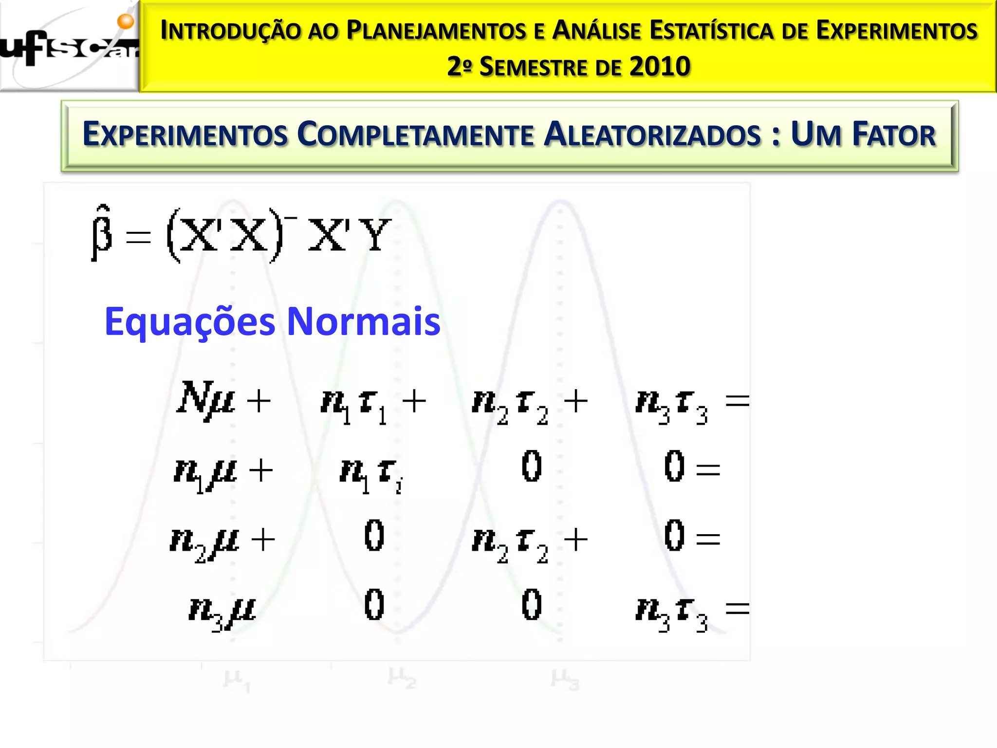 INTRODUÇÃO AO PLANEJAMENTOS E ANÁLISE ESTATÍSTICA DE EXPERIMENTOS
                         2º SEMESTRE DE 2010

EXPERIMENTOS COMPLETAMENTE ALEATORIZADOS : UM FATOR



 Equações Normais
 