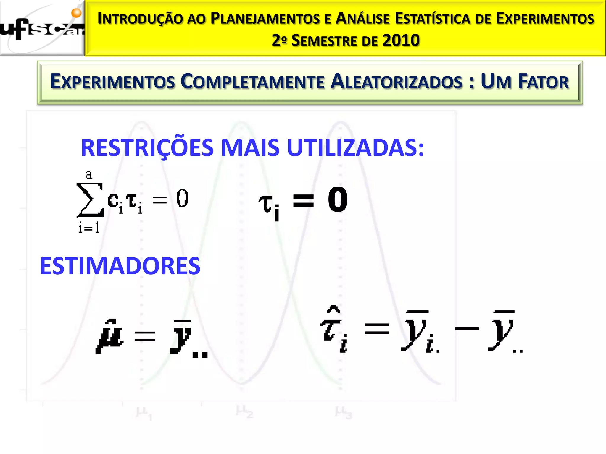 INTRODUÇÃO AO PLANEJAMENTOS E ANÁLISE ESTATÍSTICA DE EXPERIMENTOS
                         2º SEMESTRE DE 2010

EXPERIMENTOS COMPLETAMENTE ALEATORIZADOS : UM FATOR

   RESTRIÇÕES MAIS UTILIZADAS:

                         i = 0
ESTIMADORES
 