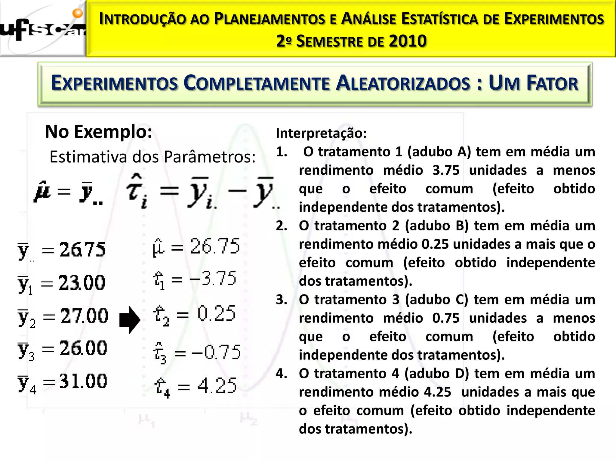 INTRODUÇÃO AO PLANEJAMENTOS E ANÁLISE ESTATÍSTICA DE EXPERIMENTOS
                           2º SEMESTRE DE 2010

EXPERIMENTOS COMPLETAMENTE ALEATORIZADOS : UM FATOR

No Exemplo:                  Interpretação:
Estimativa dos Parâmetros:   1. O tratamento 1 (adubo A) tem em média um
                                 rendimento médio 3.75 unidades a menos
                                 que o efeito comum (efeito obtido
                                 independente dos tratamentos).
                             2. O tratamento 2 (adubo B) tem em média um
                                 rendimento médio 0.25 unidades a mais que o
                                 efeito comum (efeito obtido independente
                                 dos tratamentos).
                             3. O tratamento 3 (adubo C) tem em média um
                                 rendimento médio 0.75 unidades a menos
                                 que o efeito comum (efeito obtido
                                 independente dos tratamentos).
                             4. O tratamento 4 (adubo D) tem em média um
                                 rendimento médio 4.25 unidades a mais que
                                 o efeito comum (efeito obtido independente
                                 dos tratamentos).
 