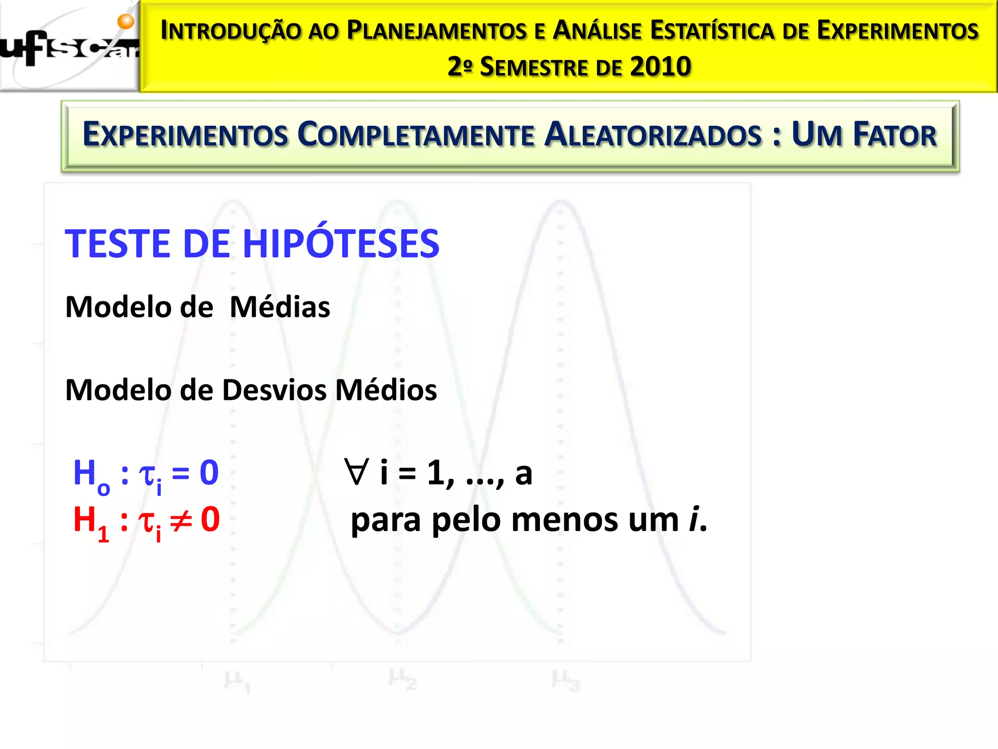 INTRODUÇÃO AO PLANEJAMENTOS E ANÁLISE ESTATÍSTICA DE EXPERIMENTOS
                           2º SEMESTRE DE 2010

 EXPERIMENTOS COMPLETAMENTE ALEATORIZADOS : UM FATOR

TESTE DE HIPÓTESES
Modelo de Médias

Modelo de Desvios Médios

Ho : i = 0          i = 1, ..., a
H1 : i  0         para pelo menos um i.
 