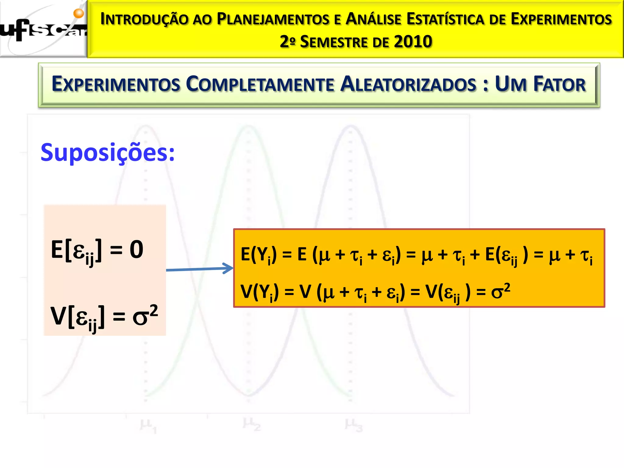 INTRODUÇÃO AO PLANEJAMENTOS E ANÁLISE ESTATÍSTICA DE EXPERIMENTOS
                          2º SEMESTRE DE 2010

EXPERIMENTOS COMPLETAMENTE ALEATORIZADOS : UM FATOR

Suposições:


E[ij] = 0            E(Yi) = E ( + i + i) =  + i + E(ij ) =  + i
                      V(Yi) = V ( + i + i) = V(ij ) = 2
V[ij] = 2
 
