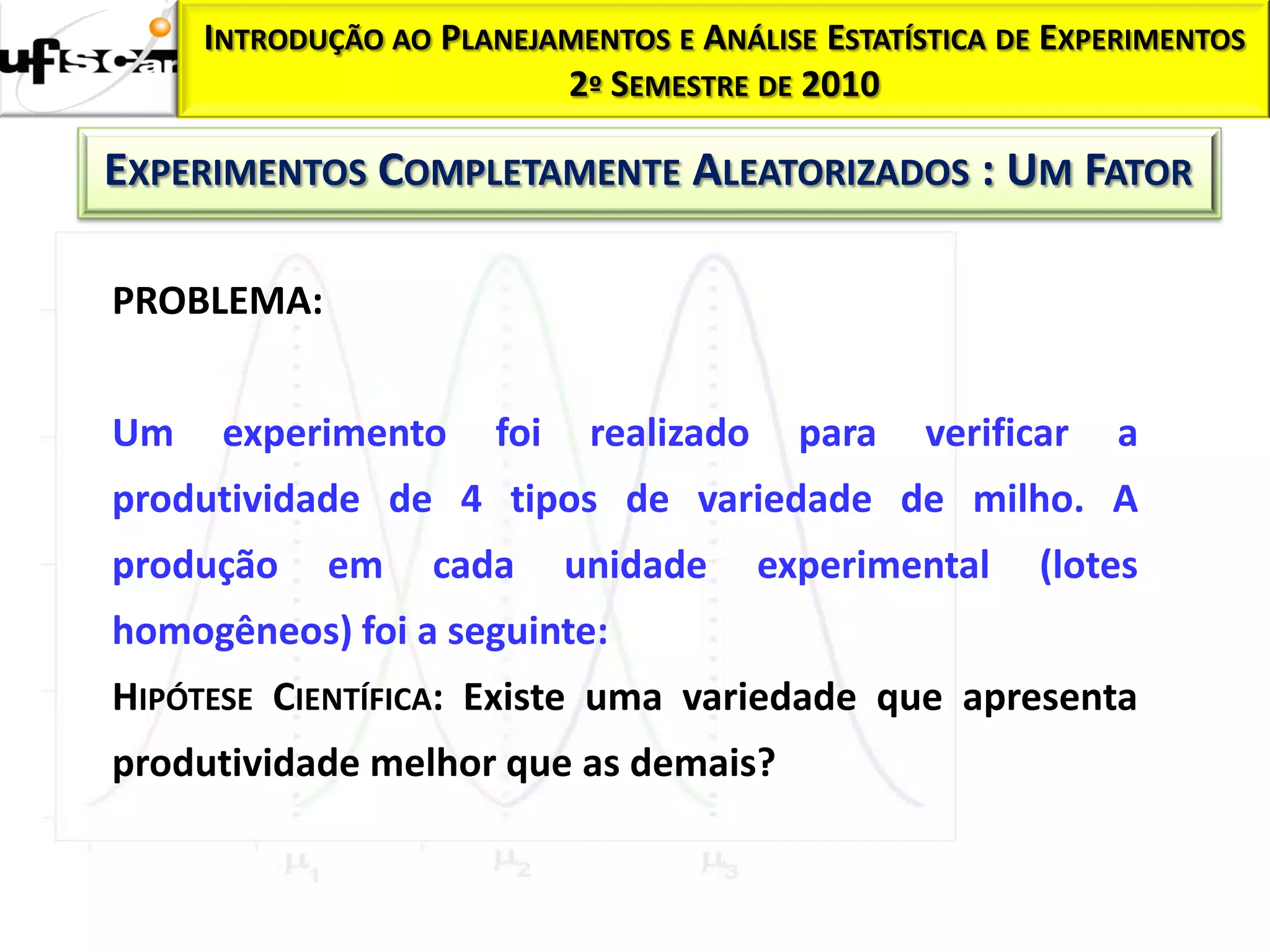 INTRODUÇÃO AO PLANEJAMENTOS E ANÁLISE ESTATÍSTICA DE EXPERIMENTOS
                          2º SEMESTRE DE 2010

EXPERIMENTOS COMPLETAMENTE ALEATORIZADOS : UM FATOR

PROBLEMA:


Um    experimento      foi    realizado     para   verificar   a
produtividade de 4 tipos de variedade de milho. A
produção    em     cada      unidade      experimental    (lotes
homogêneos) foi a seguinte:
HIPÓTESE CIENTÍFICA: Existe uma variedade que apresenta
produtividade melhor que as demais?
 