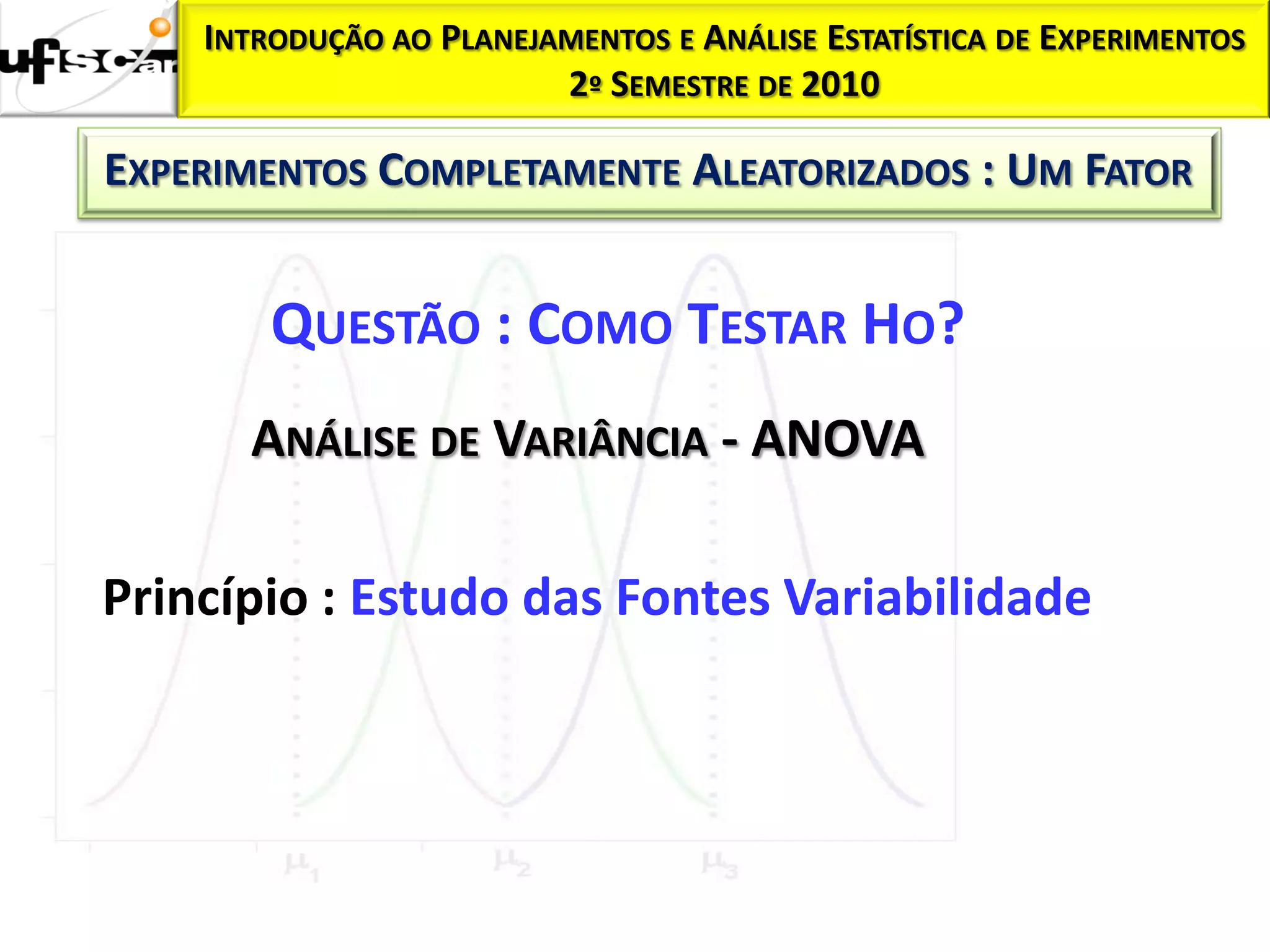 INTRODUÇÃO AO PLANEJAMENTOS E ANÁLISE ESTATÍSTICA DE EXPERIMENTOS
                         2º SEMESTRE DE 2010

EXPERIMENTOS COMPLETAMENTE ALEATORIZADOS : UM FATOR


        QUESTÃO : COMO TESTAR HO?
      ANÁLISE DE VARIÂNCIA - ANOVA

Princípio : Estudo das Fontes Variabilidade
 